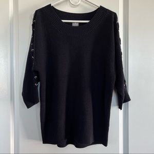 NY & Company Ribbed Crewneck Sweater with Tie Details on Sleeves